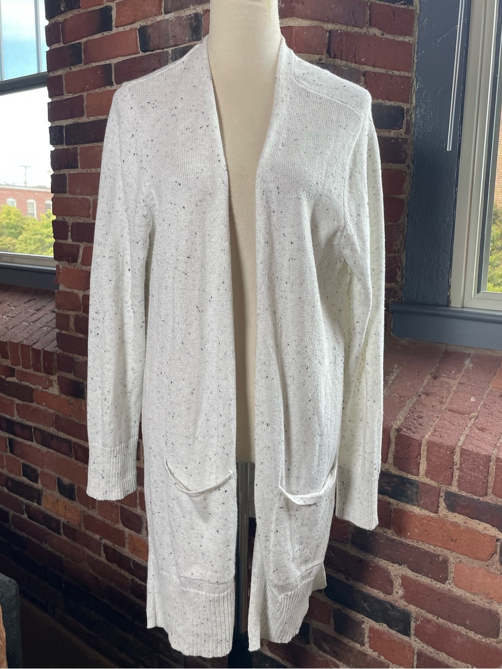 Old Navy Open-Front White Speckled Longline Cardigan - Size: XL